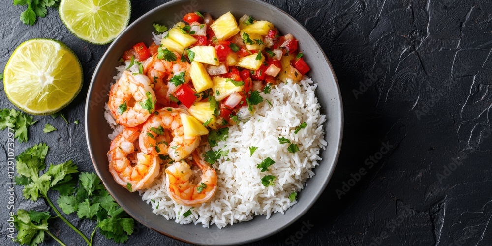 Coconut Shrimp with Pineapple Salsa and Rice on a natural stone background Coconut Shrimp with Pineapple Salsa and Rice on a natural stone background
