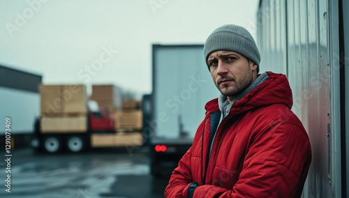 Man Leaning, Cargo Trucks, Grey Day