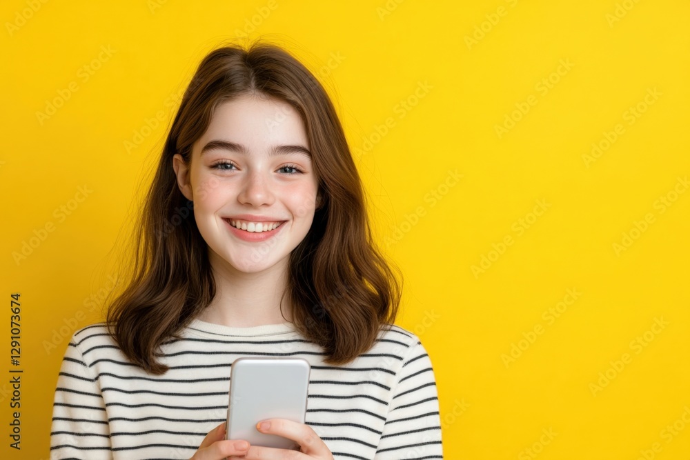 Happy Girl Using Smartphone Against Yellow Background Happy Girl Using Smartphone Against Yellow Background