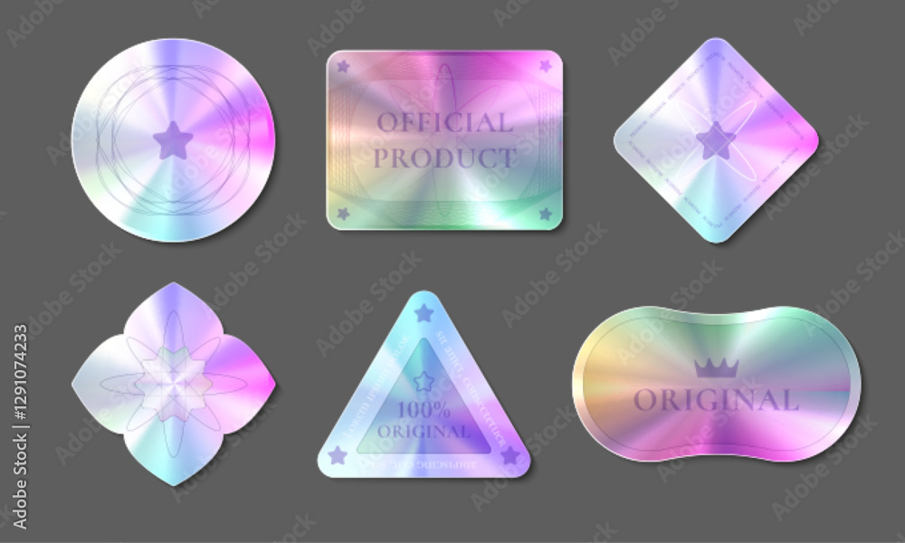 Hologram quality stickers set isolated on background. Vector realistic illustration of round, square, triangle, rhombus shape labels with holographic gradient effect, original product certificate sign
