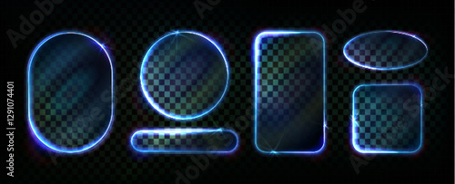 Blue neon light frames set isolated on transparent background. Vector realistic illustration of round, oval, rectangular and square shape borders, web or mobile app user interface design elements