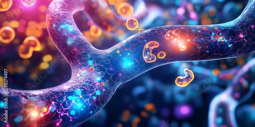 Ultra realistic view of metabolic pathway during fasting state scientific mapping glowing molecular structure intricate chemical flow design vibrant gradient background 3D texture photorealistic