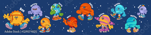 Groovy universe cartoon planets collection with cute characters on starry sky background. Funny vintage cosmic mascot illustration for children educational materials or outer space retro designs.