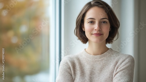 Smiling young woman portrait in front of window Free Download Smiling young woman portrait in front of window - GFXLoad