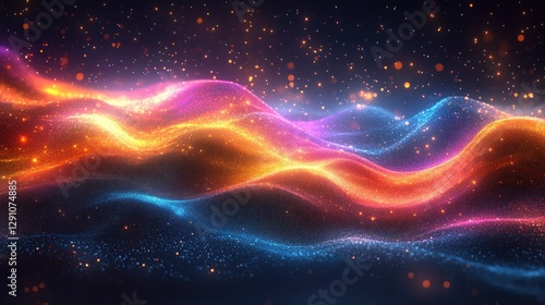 Abstract glowing wavy lines with particles, night scene, digital art, possible use as background