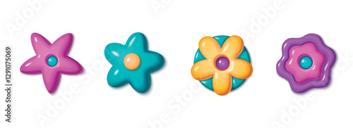 Y2k 3d flower collection with glossy plastic aesthetic. Vibrant pink, turquoise, yellow and purple blooms with rounded petals. Retro digital style elements for nostalgic graphic design, web icons.