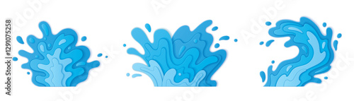 Blue 3d water splash paper cut design with layered waves, flowing curves, and dynamic droplets. Aquatic motion effect from stacked sheets. Clean modern graphic for summer promotions, beverage package.