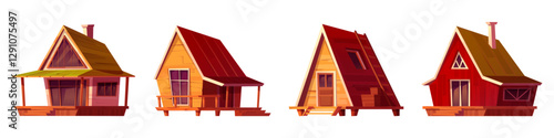 Log cabin set with wooden structures. Countryside cottages with steep roofs, front porches and arched windows for rustic forest architecture. Cozy vacation homes design for mountain resort interface.