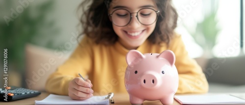 Girl planning savings with Piggy Bank