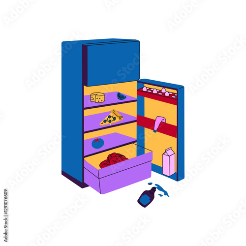 An open refrigerator with scattered food, symbolizing mess, disorganization, food waste, and everyday kitchen life