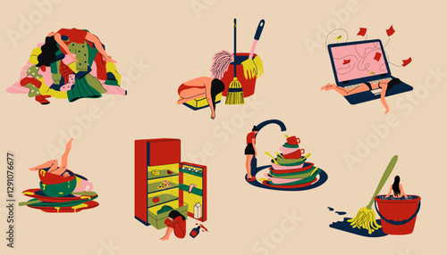 Set of women struggling with household chores, representing stress, depression, and the overwhelming burden of domestic responsibilities
