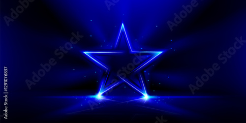 Neon blue glowing star shape on dark background. Electric outline with futuristic energetic vibe. Abstract light effect, shiny lasers form geometric silhouette. Stylized illumination for presentation.