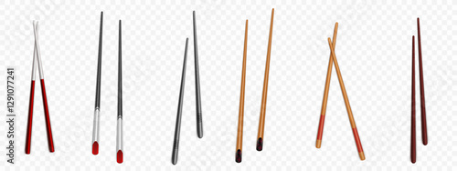 Realistic chopstick collection with different designs - food utensils made from wood, metal and bamboo materials. Traditional Asian dining sticks with decorative elements for oriental cuisine.
