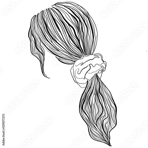 Black and white vector line art drawing of female hairstyle: long wavy ponytail with a scrunchie 