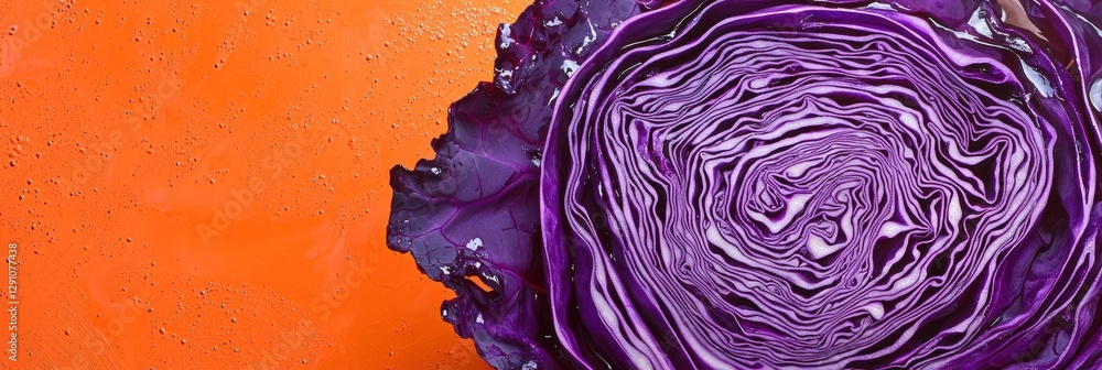 Obraz premium Deep purple cabbage with a swirling pattern inside on a neon orange backdrop