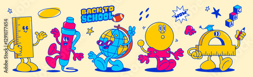 Groovy school cartoon characters in bright colors. Animated stationery items with smiling faces and limbs. Retro style educational mascots with Back to School text. Fun design for children learning.