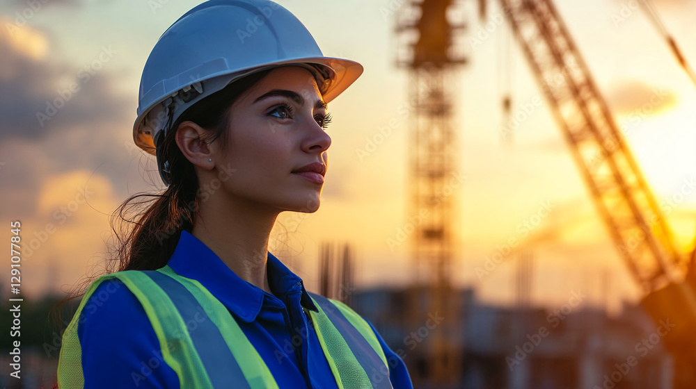 Young woman engineer or architect with helmet and reflective vest, looking upwards at construction site at sunset, symbolizing strength, professionalism, and determination in construction industry. Young woman engineer or architect with helmet and reflective vest, looking upwards at construction site at sunset, symbolizing strength, professionalism, and determination in construction industry.