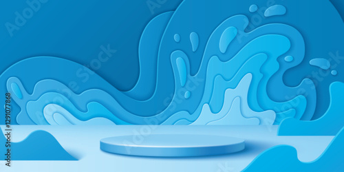 Abstract 3d blue paper cut splash background with geometric shapes and round podium or pedestal. Modern colorful layered papercut decoration for advertising, commercial or product display design.