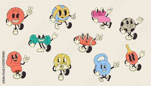 Set of retro cartoon style sports equipment.  Playful, colorful, and funky, perfect for vintage sports and fun athletic themes