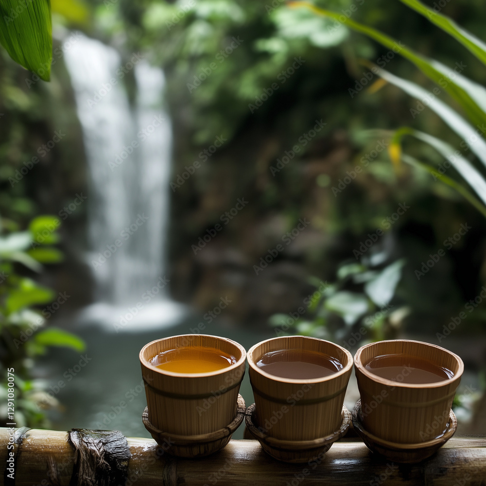 Balinese Jamu Tonic in Bamboo Cups with Jungle Waterfall Mist Balinese Jamu Tonic in Bamboo Cups with Jungle Waterfall Mist
