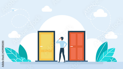 Concept of businessman choosing the right door. Man standing in front of two doors. Difficult choice between two options. Decide dilemma. A man is standing in front of doors. Vector illustration