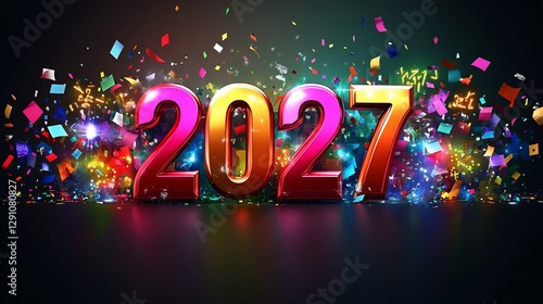 Festive 2027 New Year celebration; colorful confetti explosion; dark background; holiday greeting