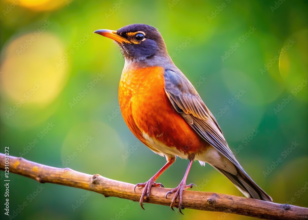 A blackbird male, perched on a light-colored branch, showcases vibrant plumage against a bright background. A blackbird male, perched on a light-colored branch, showcases vibrant plumage against a bright background.