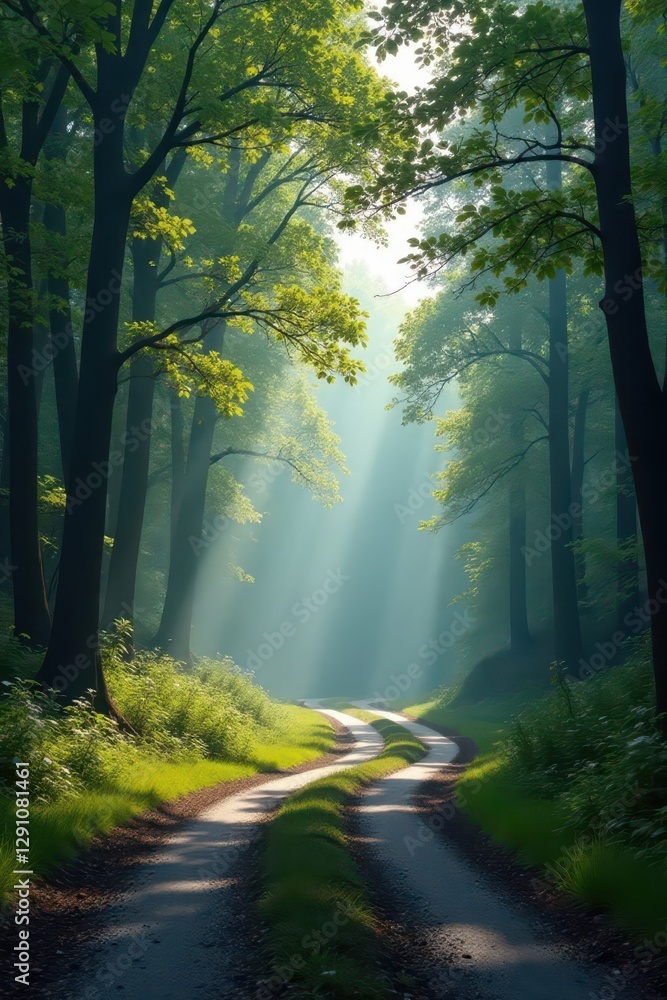 Naklejka premium Misty spring morning, winding country road cuts through dense forest , journey, sunlight