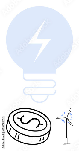 Lightbulb with lightning bolt, coin with dollar sign, and wind turbine representing renewable energy, economic efficiency, and sustainable solutions. Ideal for sustainability, energy conservation