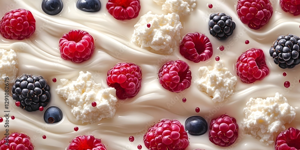White background with a variety of berries and cream. The berries are red and black, and the cream is white. The image has a playful and whimsical mood, as the berries White background with a variety of berries and cream. The berries are red and black, and the cream is white. The image has a playful and whimsical mood, as the berries