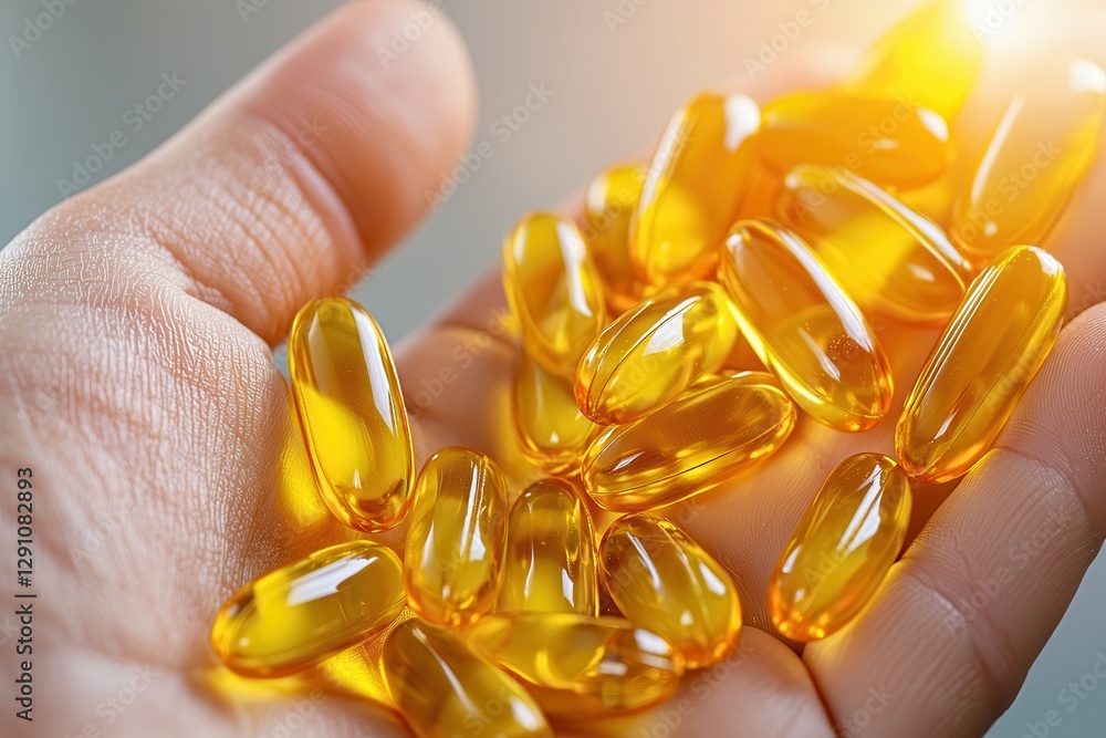 Vitamin E serum: Nourishing skin capsules Bright yellow gel capsules in a person's hand, showcasing health supplements. Vitamin E serum: Nourishing skin capsules Bright yellow gel capsules in a person's hand, showcasing health supplements.