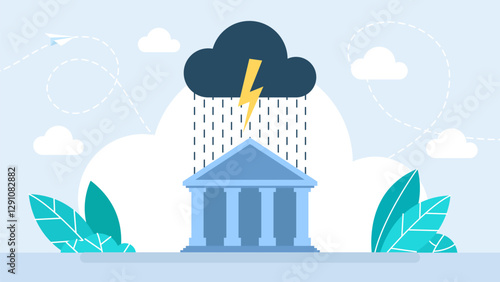 Flooded house under rain. Home submerged in floodwater during storm. Natural disaster and climate change. Home insurance concept. Vector illustration.