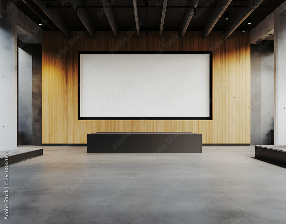 Large empty projector screen mockup in a spacious conference hall with wooden paneling, ideal for business presentations and events Large empty projector screen mockup in a spacious conference hall with wooden paneling, ideal for business presentations and events