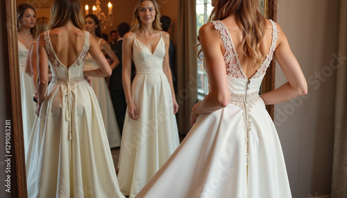 A bride looking at her reflection in a full-length mirror, admiring her stunning wedding gown.