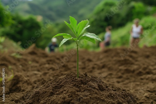 Green seedling emerges from rich soil, symbolizing growth and re