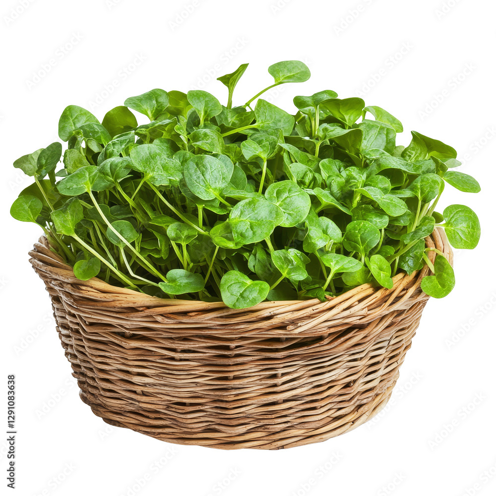 Fresh watercress in a woven basket isolated against a clean transparent background for culinary and nutrition purposes, watercress in a basket isolated on transparent background Fresh watercress in a woven basket isolated against a clean transparent background for culinary and nutrition purposes, watercress in a basket isolated on transparent background