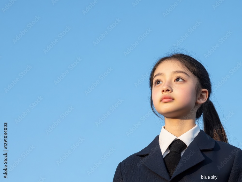 Young Girl in Uniform Looking Up at Blue Sky Young Girl in Uniform Looking Up at Blue Sky