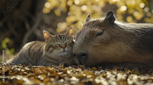 Capybara and cat cuddle nature zoo animal photography