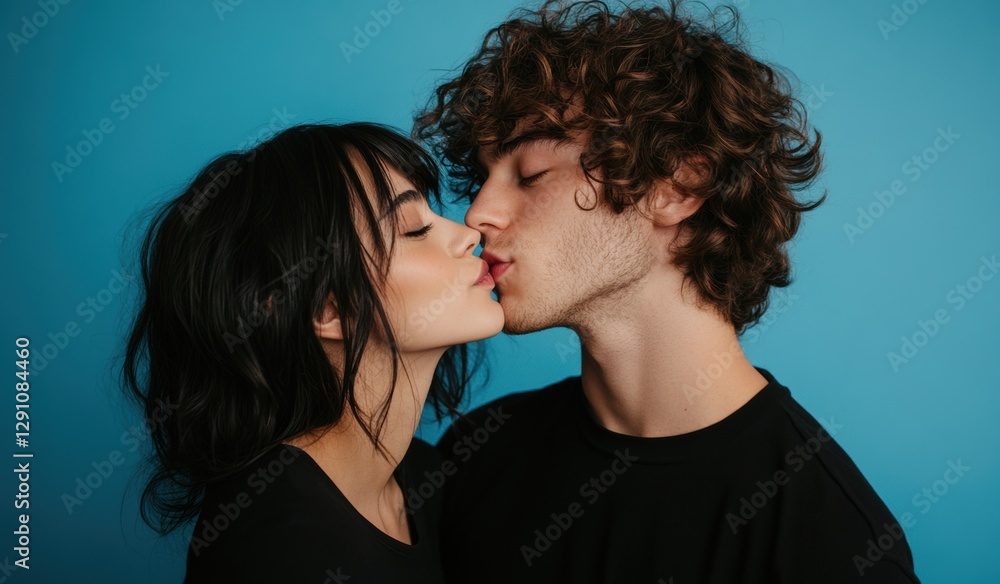 Young couple sharing a kiss against a blue background Young couple sharing a kiss against a blue background