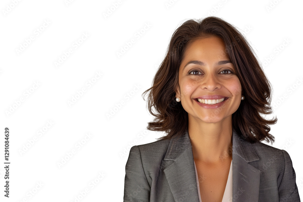 Smiling middle-aged South Asian female CEO in blazer isolated on transparent white background Smiling middle-aged South Asian female CEO in blazer isolated on transparent white background