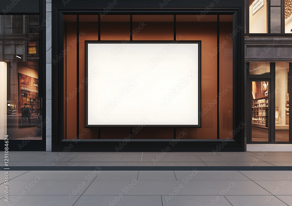 Large empty poster frame mockup on the exterior of a stylish boutique with warm lighting and modern wooden paneling Large empty poster frame mockup on the exterior of a stylish boutique with warm lighting and modern wooden paneling