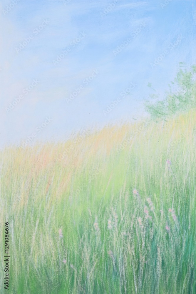 Soft pastel representation of a serene spring meadow filled with gentle colors and calmness Soft pastel representation of a serene spring meadow filled with gentle colors and calmness