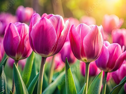 A row of pink tulips bursts into bloom, showcasing springtime's beauty in a stunning floral arrangement.