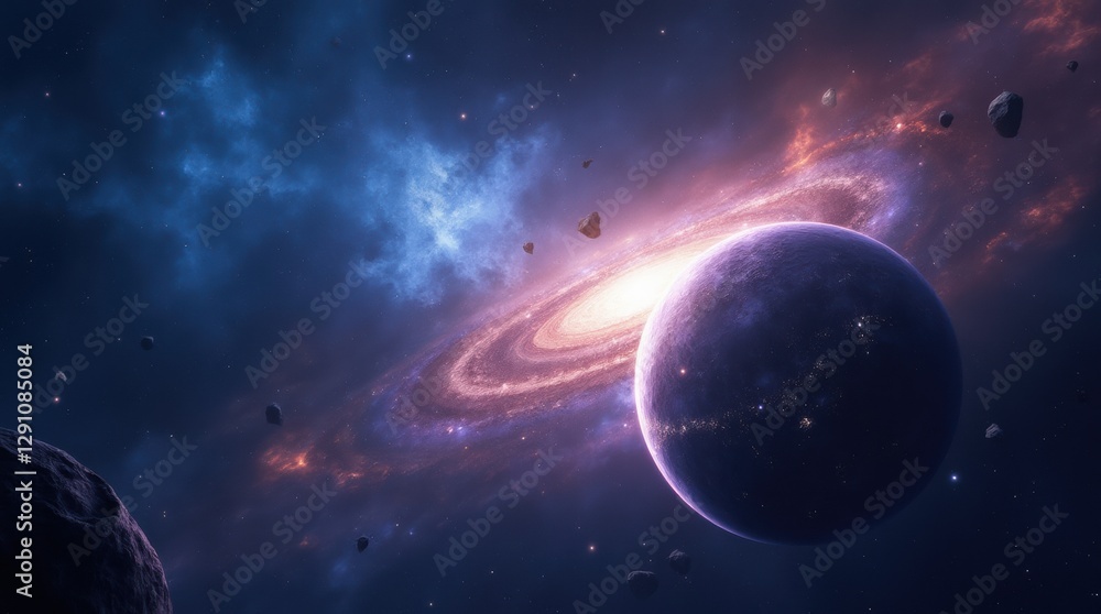 A stunning, ultra-realistic view of deep space featuring a detailed nebula with rich blue and purple hues, glowing stars, and a distant spiral galaxy A stunning, ultra-realistic view of deep space featuring a detailed nebula with rich blue and purple hues, glowing stars, and a distant spiral galaxy