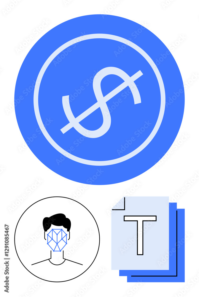 Biometric face recognition, dollar sign in a circle, text documents. Ideal for fintech, AI, security tools, digital ID, remote verification, data management abstract line flat metaphor Biometric face recognition, dollar sign in a circle, text documents. Ideal for fintech, AI, security tools, digital ID, remote verification, data management abstract line flat metaphor