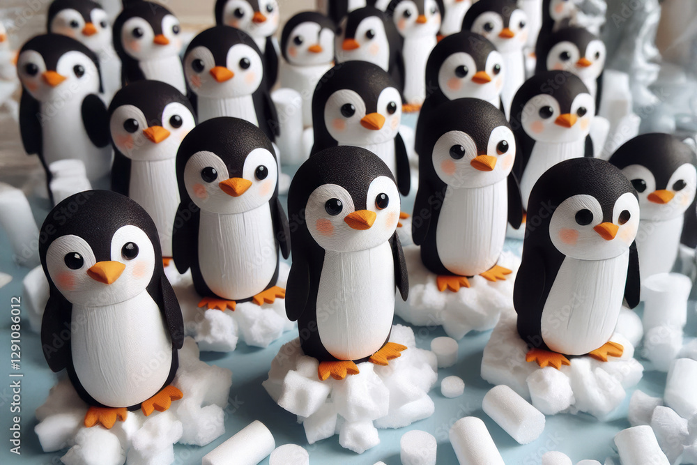 Fototapeta premium A group of small, toy-like penguins arranged closely together, perfect for businesses in retail, toys, or education looking to add a playful, whimsical touch to their branding or product displays,