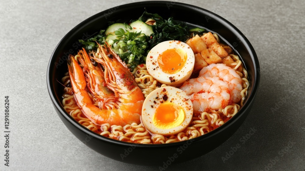 A vibrant bowl of ramen featuring shrimp, soft-boiled eggs, and fresh vegetables, set against a textured background A vibrant bowl of ramen featuring shrimp, soft-boiled eggs, and fresh vegetables, set against a textured background