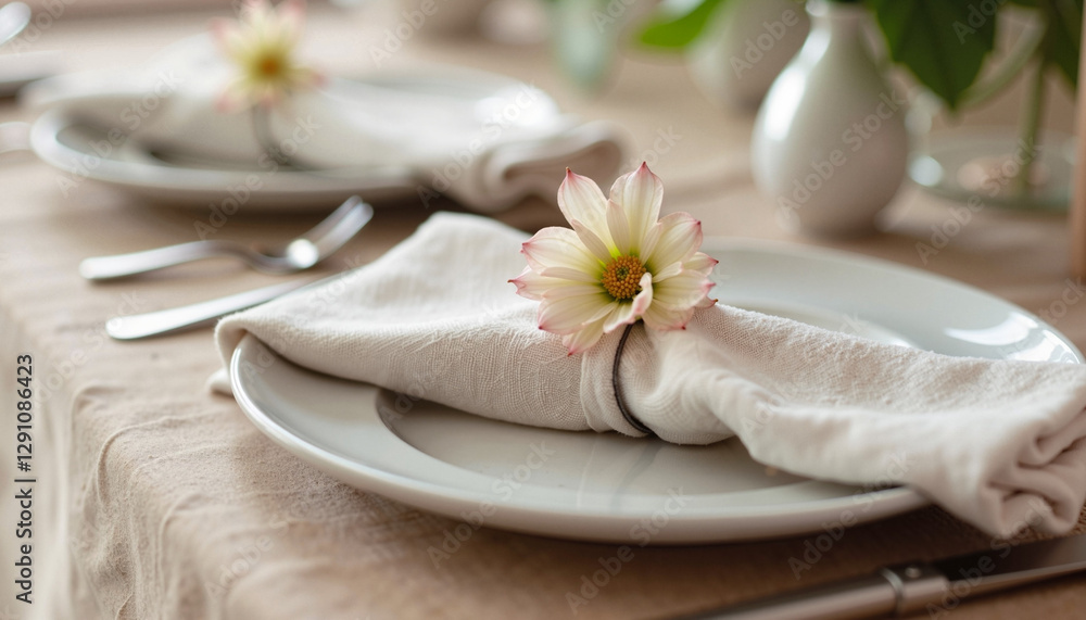 A beautifully arranged wedding table featuring neutral-toned linen napkins, delicate floral decorations, and a rustic yet elegant spring wedding ambiance. A beautifully arranged wedding table featuring neutral-toned linen napkins, delicate floral decorations, and a rustic yet elegant spring wedding ambiance.