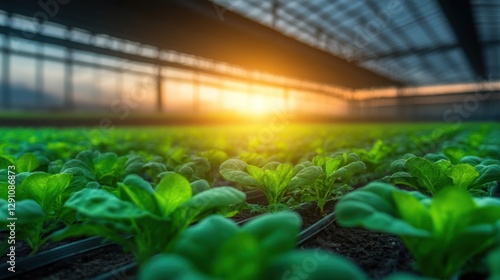 Sustainable farming practices greenhouse agriculture sunrise close-up plant growth photo