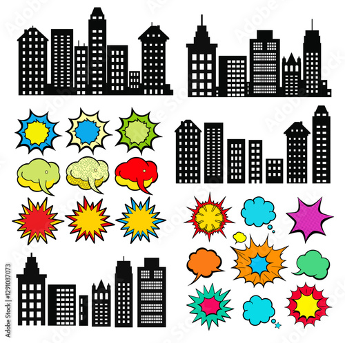 Comic book city skyline and speech bubbles with colorful explosions